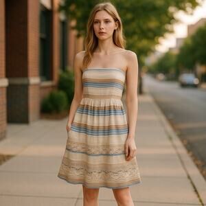 Women’s Sami Strapless Cotton Lined Tie Back Embroidered Dress Small